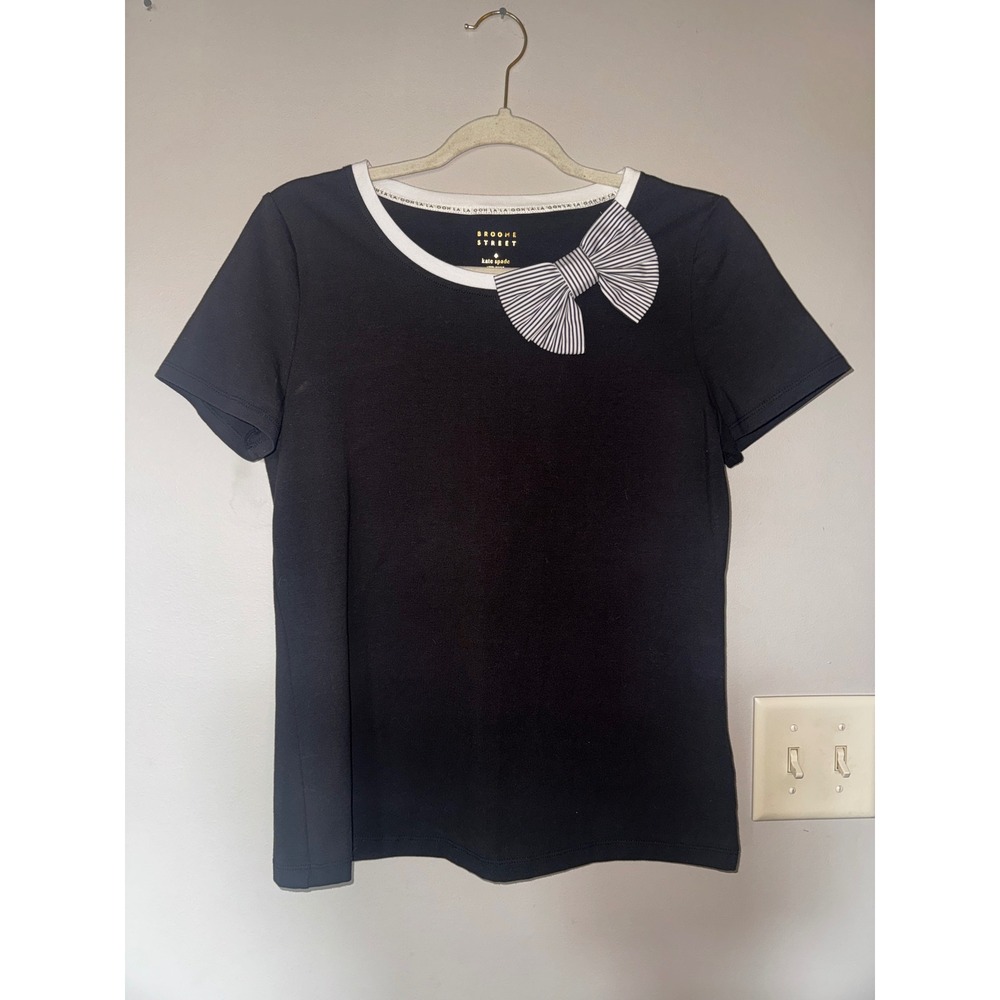 Kate Spade Broome Street Black Ringer Tee with Striped Bow Accent Size L